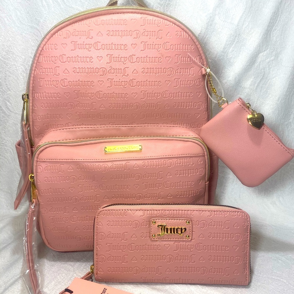 Juicy couture Womans bag set 3pc blush pink deboss backpack wallet coin purse